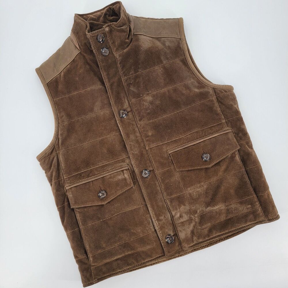 Roundtree & Yorke Men M Brown Suede Leather Field Vest Hunting Safari Ranch